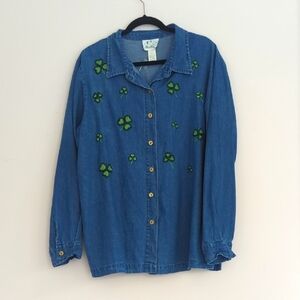Vintage Embroidered Denim Button Down Shirt with Green Beaded Clover